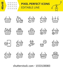 Scaled Icons for Shopping Basket in Commerce which includes Market, Mobile Shop, Payment, Sale etc. Pixel Perfect Editable Set 48x48. Vector.