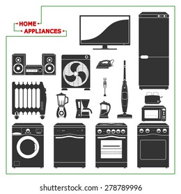 Scaled monochromatic home appliances vector illustration. Modern style