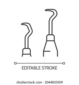 Scaler and curette linear icon. Sharp tools for periodontal procedures. Remove plaque buildup. Thin line customizable illustration. Contour symbol. Vector isolated outline drawing. Editable stroke