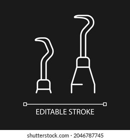 Icono lineal blanco para el tema oscuro. Herramientas nítidas para procedimientos periodontales. Ilustración personalizable de línea delgada. Símbolo de contorno vectorial aislado para el modo nocturno. Trazo editable