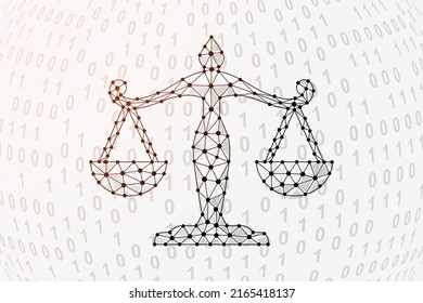 Scales 3d low poly symbol with binary code background. Justice design vector illustration. Law polygonal symbol with connected dots