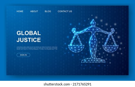 Scales 3d polygonal website template. Justice design illustration concept. Low poly Law symbol for homepage, promotion banner design.