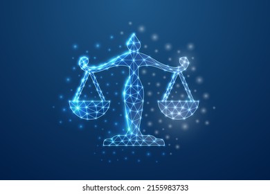 Scales 3d symbol in blue low poly style. Justice, law design concept vector illustration. Balance polygonal wireframe.