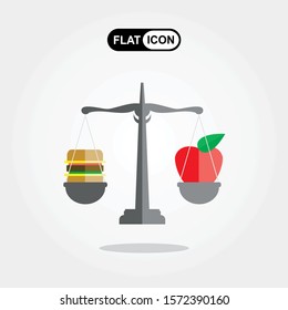 Scales with apple and hamburger showing balance between healthy and unhealthy food