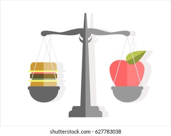 Scales with apple and hamburger showing balance between healthy and unhealthy food