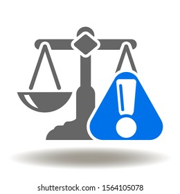 Scales attention sign icon vector. Law balance warning exclamation logo.