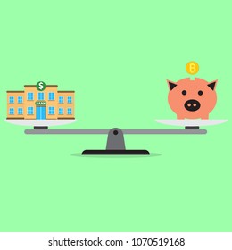 Scales, the balance between the bank and the piggy bank. Flat design, vector illustration, vector.