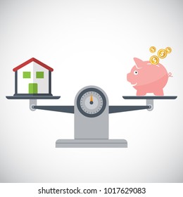 Scales, the balance between the money and the house, piggy bank, house, icon scales. Flat design, vector illustration, vector.
