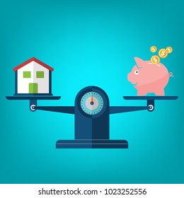 Scales, the balance between the money and the house, piggy bank, house, icon scales. Flat design, vector illustration, vector.