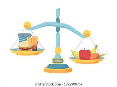 Scales balance fast food and healthy nutrition concept. Healthy lifestyle eating outweighs quick snacks balanced diet versus greasy frying delicious vitamins trans fats carbohydrates. Vector choice.