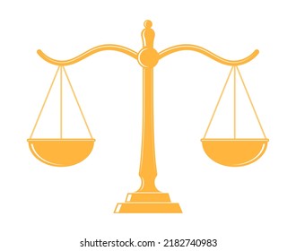 Scales balance icon. Gold icon of scales of law and justice for weight of legal judge. Lawyer's equal libras for symbol in flat for court. Vector. Scales equilibrium illustration on white.