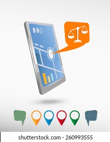 Scales balance icon and perspective smartphone vector realistic. Set of bright map pointers for printing, website, presentation element and application mockup.