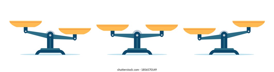Scales in balance and imbalance. Flat libra icon with gold bowls in equal position. Weight mass comparison on leverage scales, vector set. Illustration equality measurement, weigh imbalance