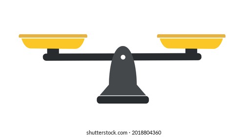 Scales in balance and imbalance. Flat libra icon with gold bowls in equal position.