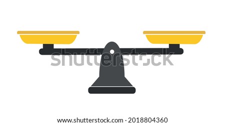Scales in balance and imbalance. Flat libra icon with gold bowls in equal position.