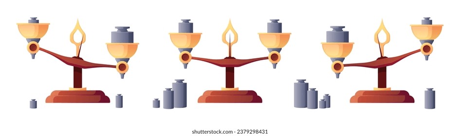 Scales balance. Mass and weight measuring scales with different weights, calibration and equal measure math symbols. Vector illustration of weight balance, measure scale