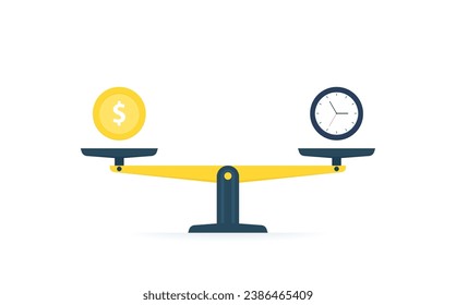 Scales in balance. Money and time weighing concept to find a balance in life. Time and money in balance. Vector illustration.