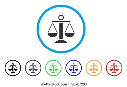 Scales Balance rounded icon. Style is a flat scales balance gray symbol inside light blue circle with black, gray, green, blue, red, orange color versions.