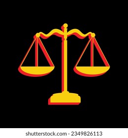 Scales balance sign. 3D Extruded Yellow Icon with Red Sides a Black background. Illustration.
