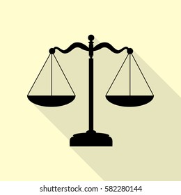 Scales balance sign. Black icon with flat style shadow path on cream background.