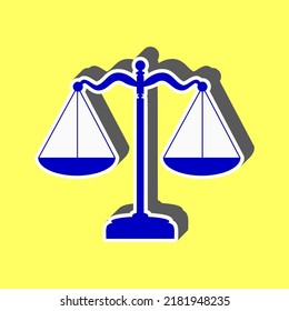 Scales balance sign. Blue Icon with white stroke in 3d at yellow Background. Illustration.