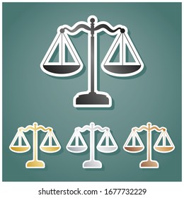 Scales balance sign. Set of metallic Icons with gray, gold, silver and bronze gradient with white contour and shadow at viridan background. Illustration.