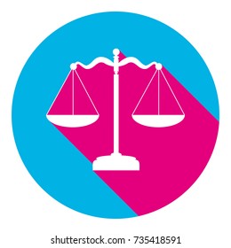 Scales balance sign. Vector. Flat white icon with mexican pink shadow inside sky blue circle at white background. Isolated. Trend colors in 2017.