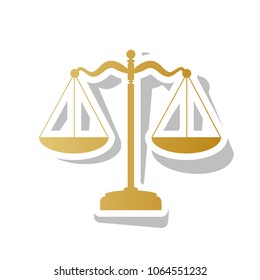 Scales balance sign. Vector. Golden gradient icon with white contour and rotated gray shadow at white background.