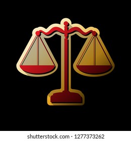Scales balance sign. Vector. Red icon with small black and limitless shadows at golden sticker on black background.