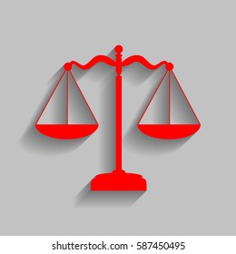 Scales balance sign. Vector. Red icon with soft shadow on gray background.