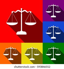 Scales balance sign. Vector. Set of icons with flat shadows at red, orange, yellow, green, blue and violet background.