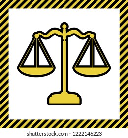 Scales balance sign. Vector. Warm yellow icon with black contour in frame named as under construction at white background. Isolated.