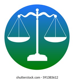 Scales balance sign. Vector. White icon in bluish circle on white background. Isolated.