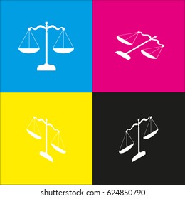 Scales balance sign. Vector. White icon with isometric projections on cyan, magenta, yellow and black backgrounds.