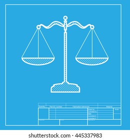 Scales balance sign. White section of icon on blueprint template.