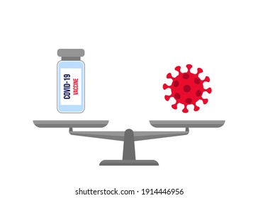 Scales in balance vaccine and coronavirus icon. Vaccination and sick virus sign in comparison, choise. Weights with medication and covid 19. Libra measure value. Vector illustration