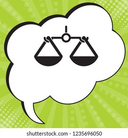 Scales, balance, weigher icon. Vector. Black icon in speech bubble at popart yellow green background.
