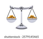 Scales with balanced pans, equal weights. Weighing device with golden coins, money in equilibrium. Financial equality concept. Weigher with gold. Flat vector illustration isolated on white background