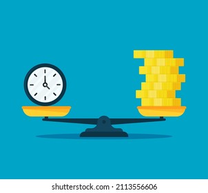 Scales balancing with money and watches. Vector flat style illustration. EPS 10