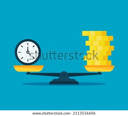 Scales balancing with money and watches. Vector flat style illustration. EPS 10