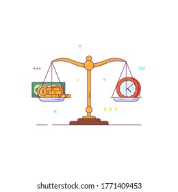 Scales Banner. Balance And Weight Measurement Concept. Money And Time Comparison. Golden Coins And Paper Dollars. Comparison And Libra Sign. Line Style Flat Vector Illustration.