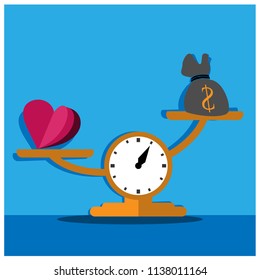 Scales between money and love. Vector Illustration.