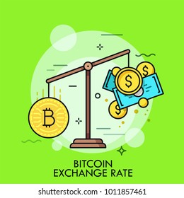 Scales with bitcoin and dollar coins, bills or fiat money. Concept of cryptocurrency exchange rate, digital currency converter. Colorful vector illustration in thin line style for web banner, website.