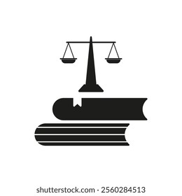 Scales and books. Justice concept symbol. Black vector illustration. Law and education icon.