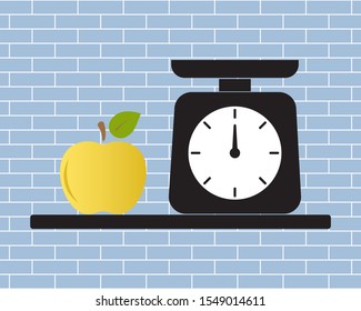 Scales with a bowl, elements of kitchen utensils. Symbol of balance. Vector illustration on an abstract background.