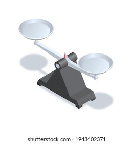 Scales with bowls and a shadow. Balance.Equilibrium.Elements for design.Isometry.3D.Vector illustration.