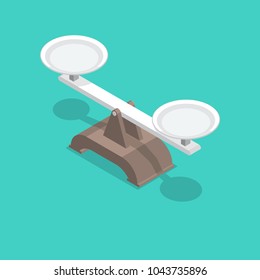 Scales with bowls and a shadow. Isometric illustration.3D style. Balance. Design element. A vector illustration in flat style.