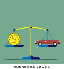 Scales with car and gold dollar coin, flat style. Cars, prices, market, investment, high cost concept. Copy space for your text. EPS 10 vector illustration, no transparency