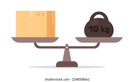 Scales with cardboard box and kettlebell vector illustration. Cartoon drawing of scales balancing package or parcel and 10 kg kettlebell on white background. Delivery, weight, balance concept