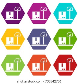 Scales for cargo icon set many color hexahedron isolated on white vector illustration